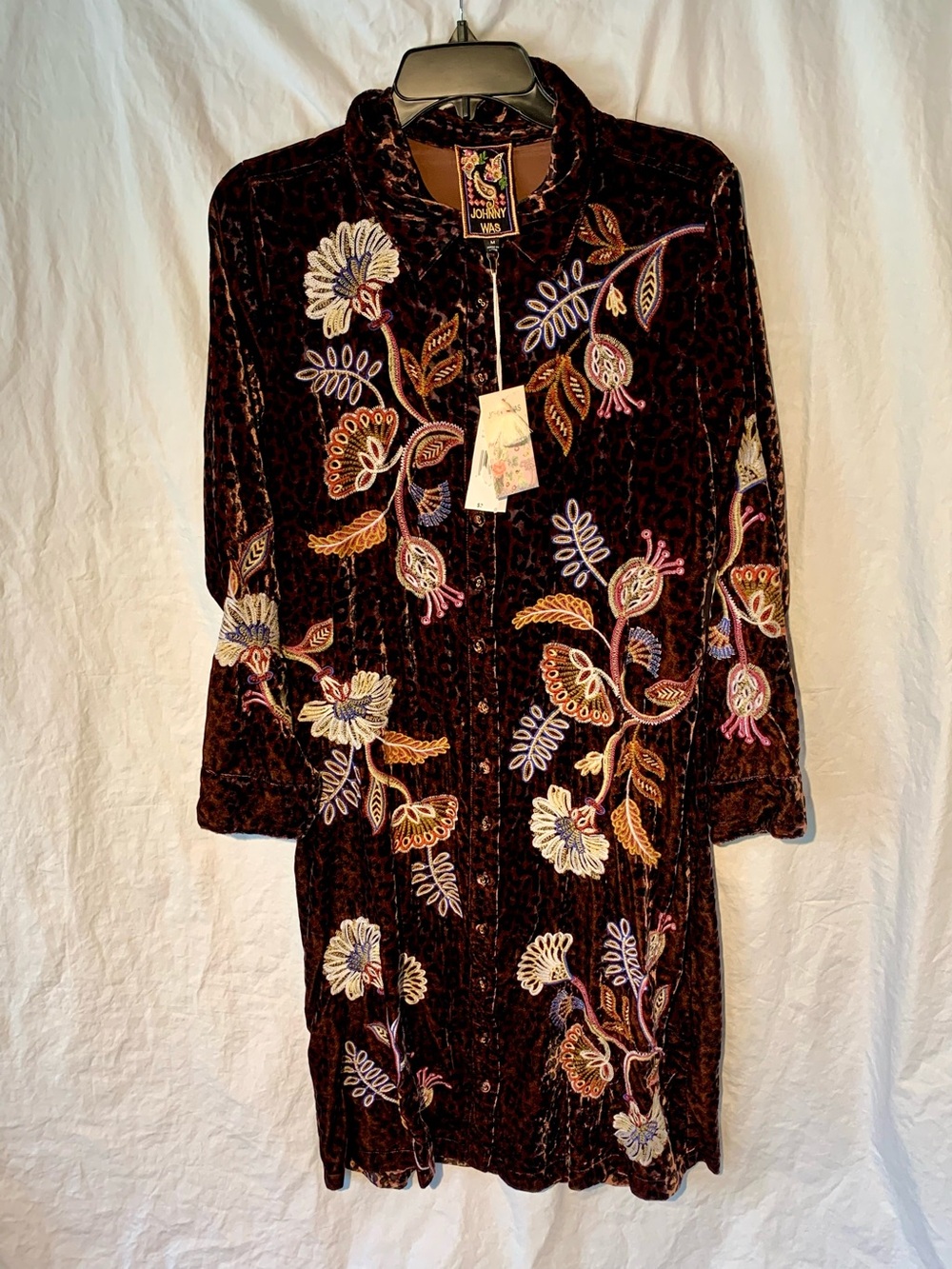 NWT Johnny Was Brown Velvet Embroidered Floral Gineva Shirt Dress